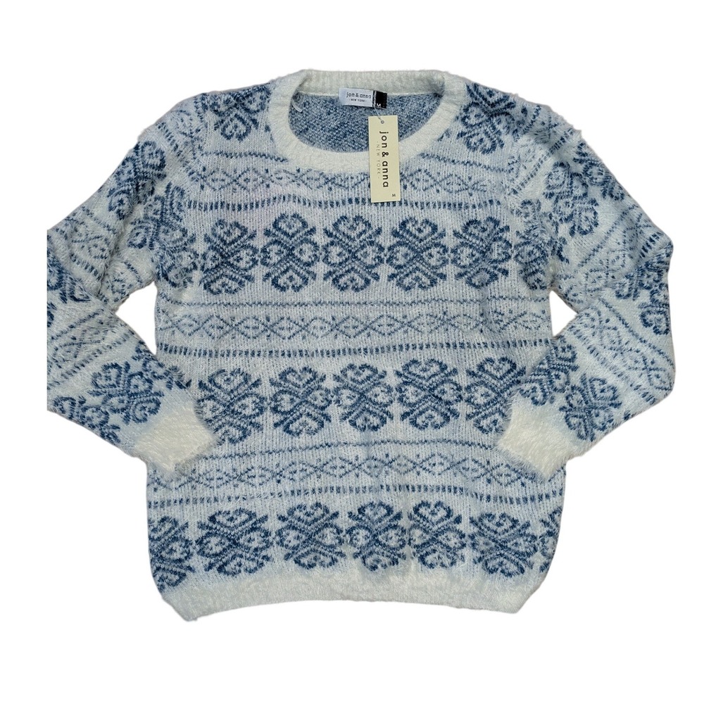 Jon & Anna New‎ York Fuzzy Fair Isle Sweater Blue White Crew Neck NWT A2223